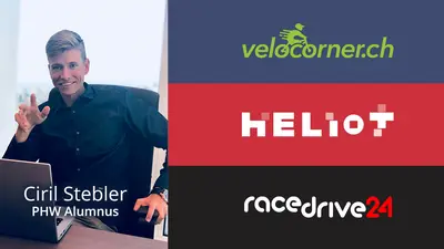 Portrait von Ciril Stebler und die Logos von velocorner.ch, Heliot Europe und racedrive24