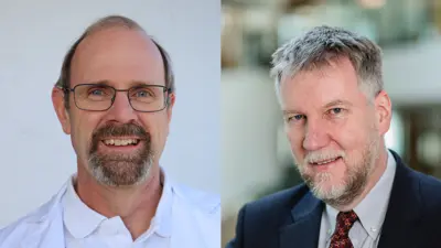 Portrait von KD Dr. med. Peter Steiger, St. Institutsdirektor und Leitender Arzt im USZ und Prof. Dr. Konstantin Beck, Gesundheitsökonom und Gastprofessor an der PHW Bern